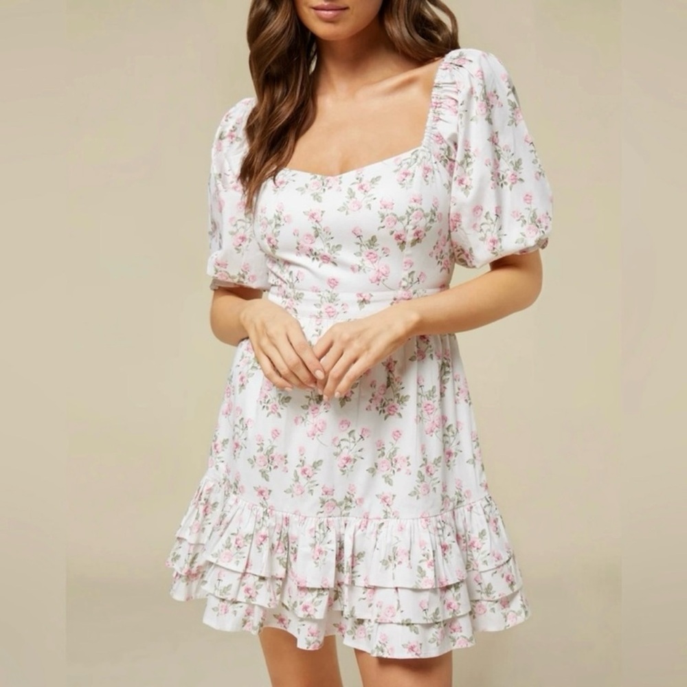 NWT Rachel Parcel Floral Square-Neck Puff Sleeve Mini Dress - White/Pink Size L